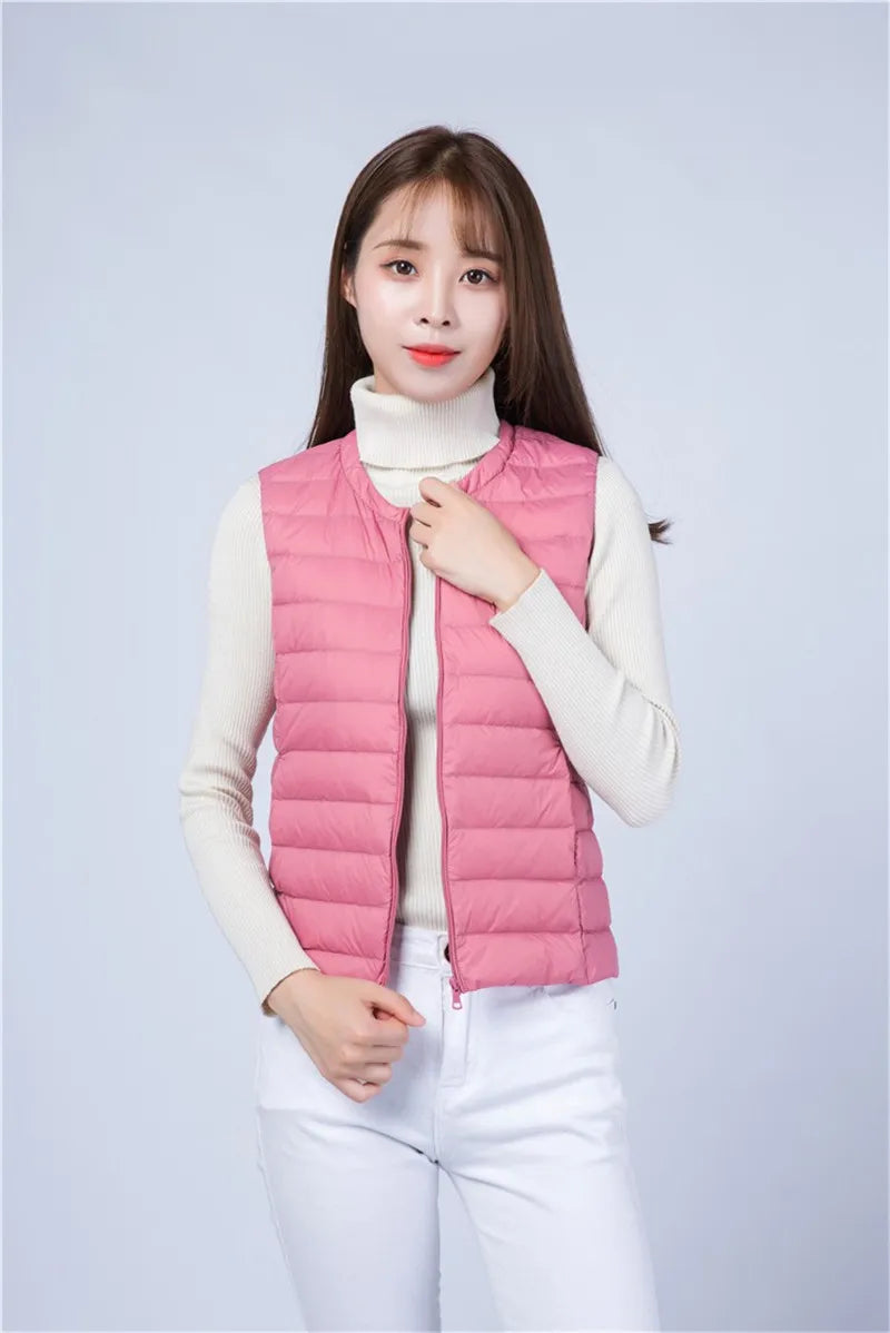 Autumn Winter Women Ultra Light Thin Duck Down Vest Sleeveless O-Neck Zipper Waistcoat Windproof Puffer Female Quilted Jackets