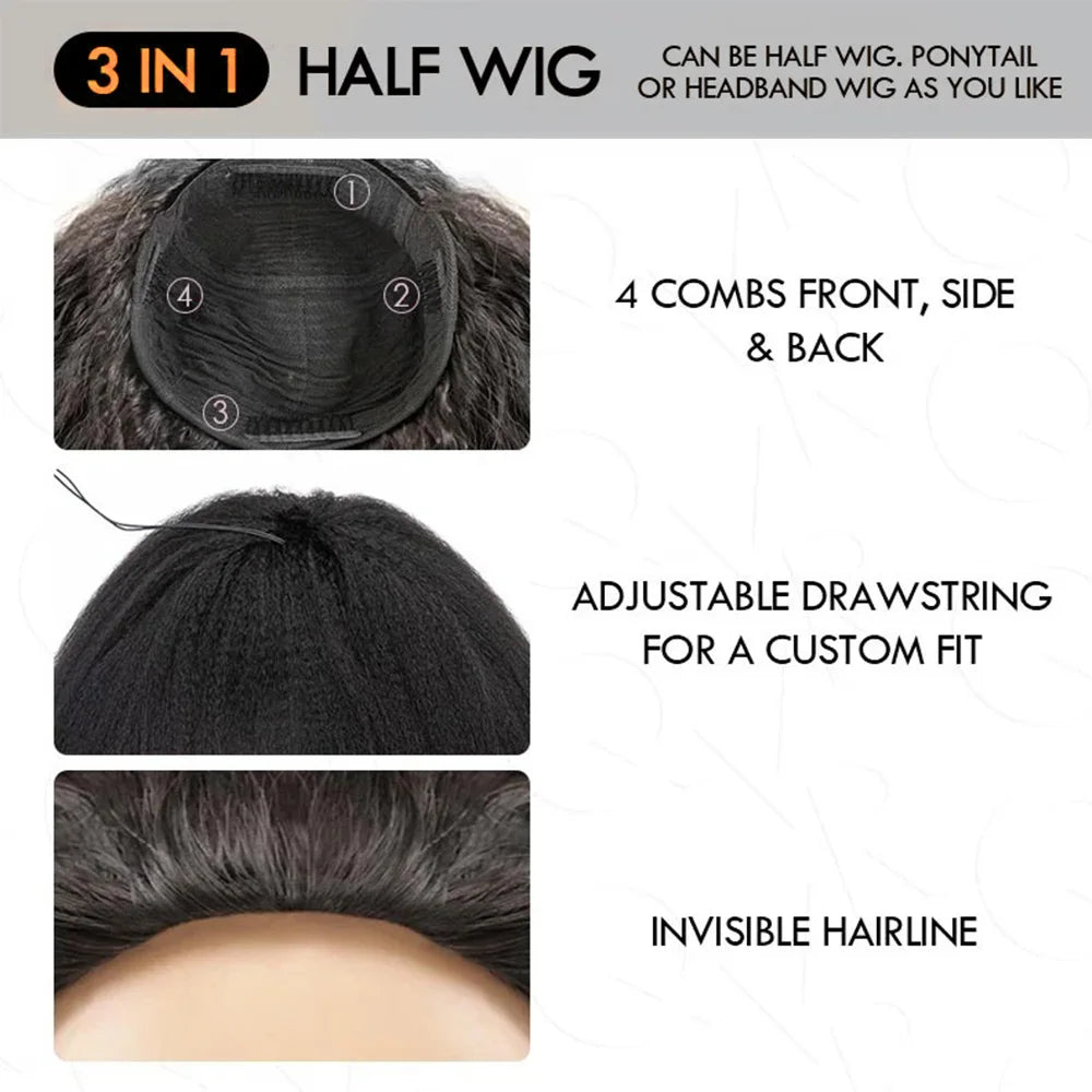 Auburn Brown Color 3 IN 1 Kinky Curly Half Wig Human Hair Clip-in Upgrade Glueless Wig Machine Made Invisible Hairline
