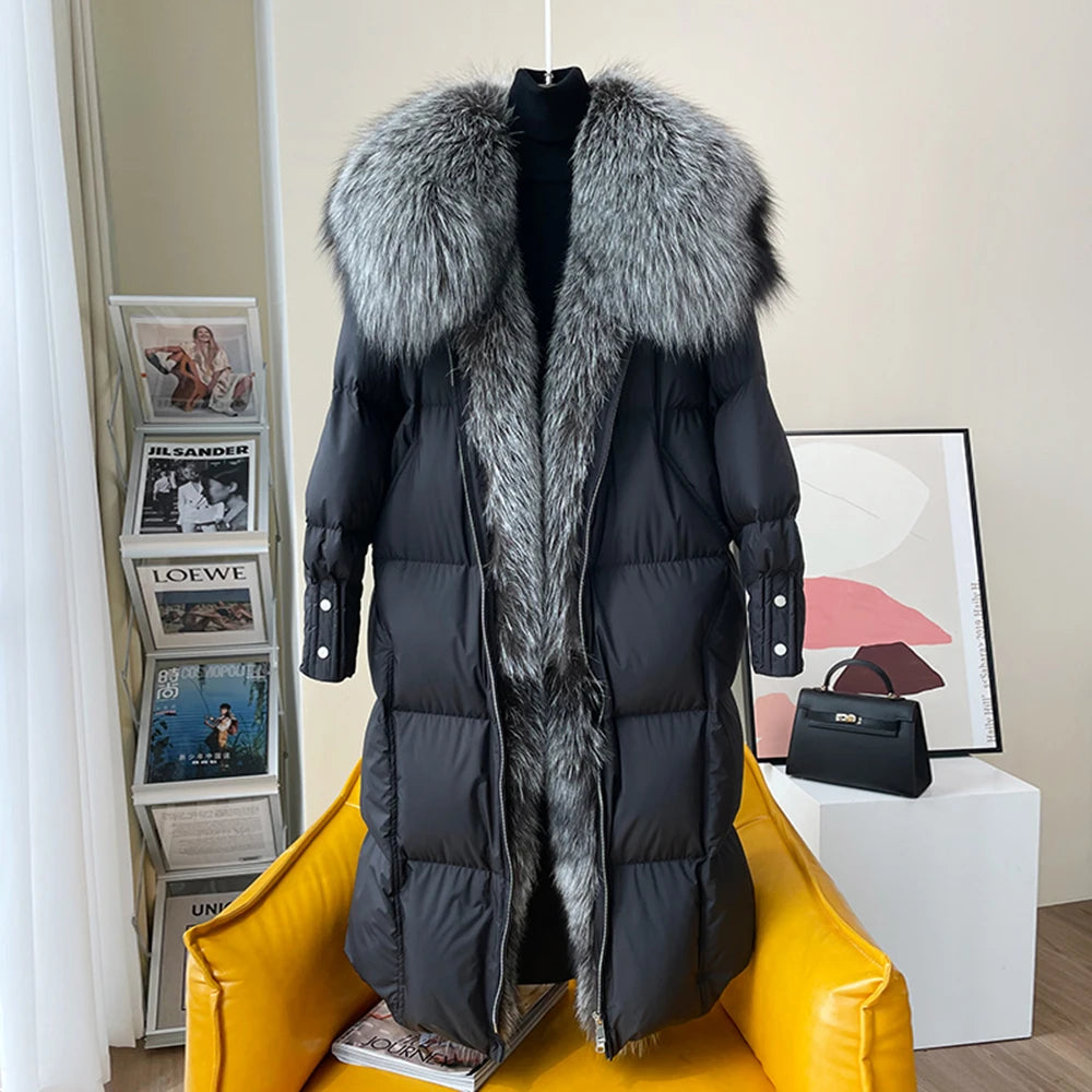 2025 New Winter Women Warm Coat 90% Goose Down Jacket Long Real Fox Fur Collar Thick Luxury Outerwear Female Coat Streetwear