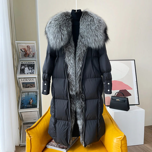 2025 New Winter Women Warm Coat 90% Goose Down Jacket Long Real Fox Fur Collar Thick Luxury Outerwear Female Coat Streetwear