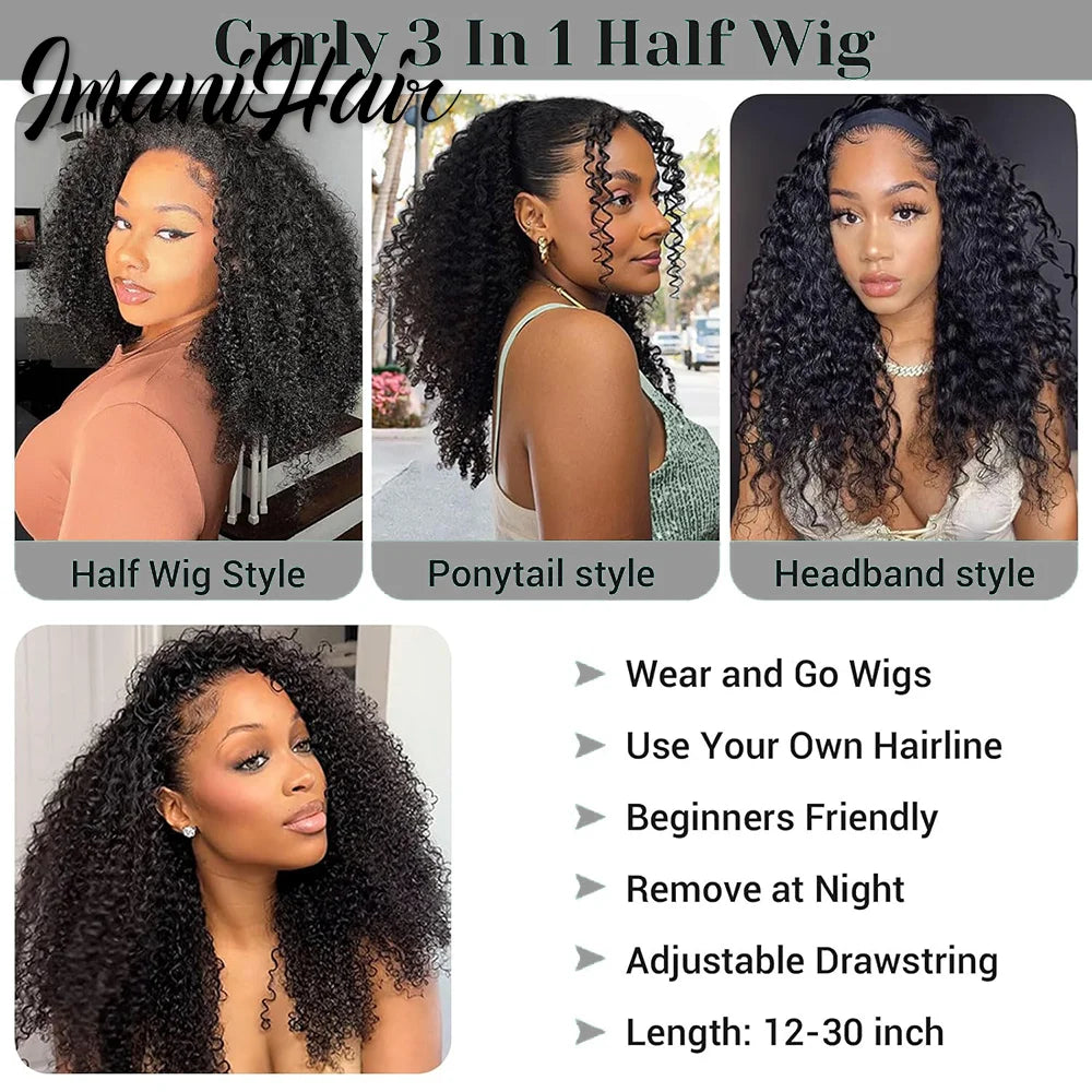 Kinky Curly Half Wig Human Hair Wear And Go Glueless Wigs Curly 3 In1 Wigs for Women Drawstring Seamless Flip Over Glueless Wigs