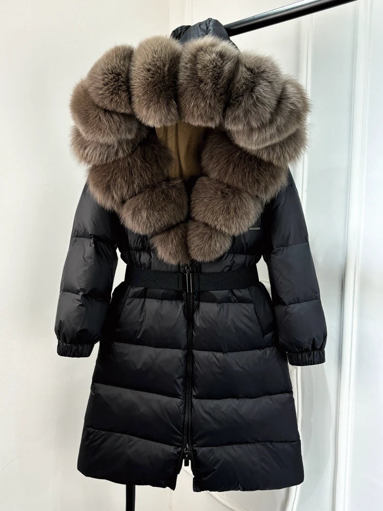 Lagabogy 2025 Winter Puffer Jacket Women Real Fox Fur Hooded Collar Thick Warm Long White Duck Down Coat Loose Luxury Outerwear