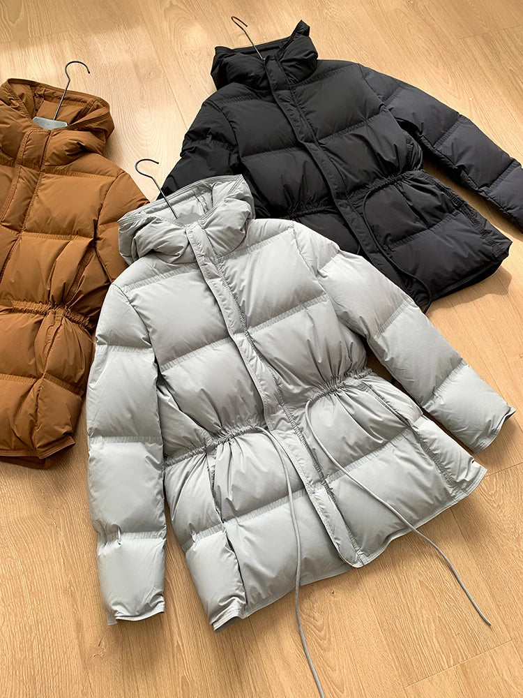 2023 New Autumn Winter Women Fashion Hooded 90% White Duck Down Coat Lady Slim Thick Warm Zipper Drawstring Lace-up Snow Jacket