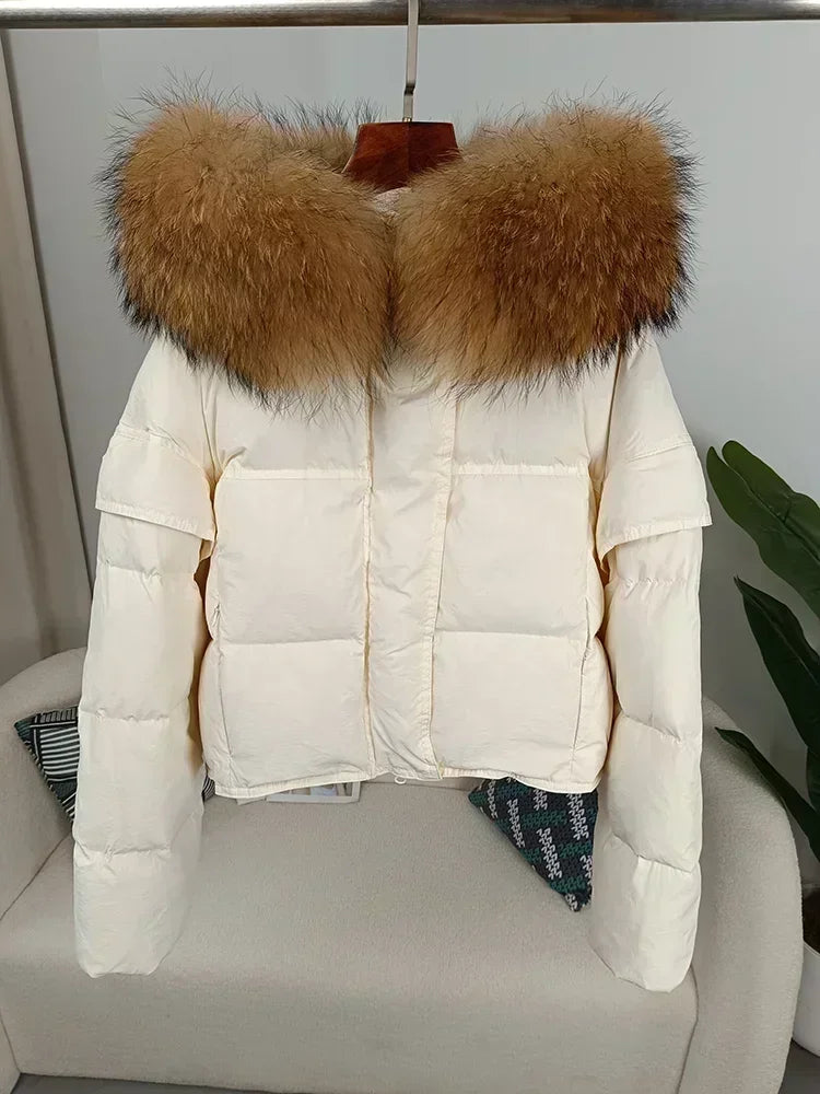 Outerwear Autumn Winter Women Hooded Fashionable Streetwear Detachable Sleeve Real Raccoon Fur Collar Jacket Duck Down Loose