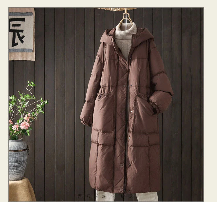 Schinteon Women White Duck Down Long Jacket Casual Loose Autumn Winter Outwear with Hood Warm Coat Big Pockets 2024 Korean Style