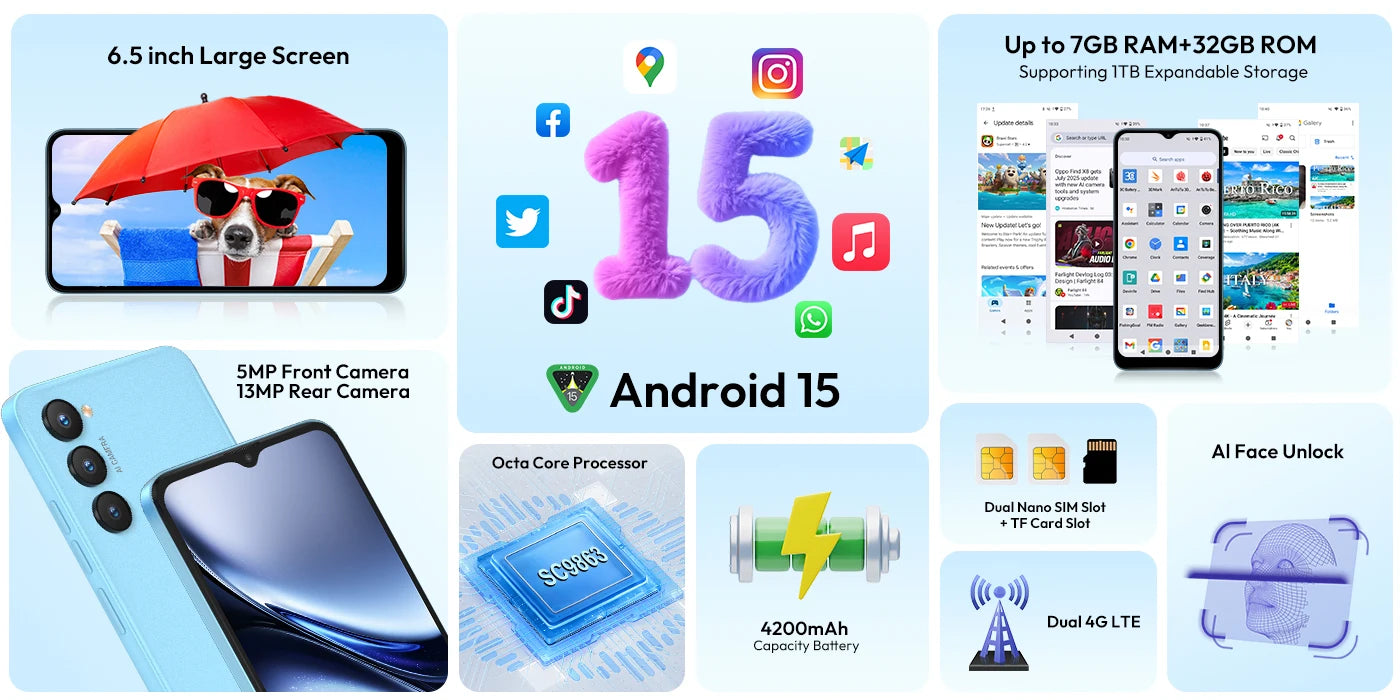 XGODY X36 Smartphone Android 15 Mobile Phone 6.5 Inch HD Screen 7GB RAM 32GB ROM Storage 4G Dual SIM Octa Core 4200mAh Battery