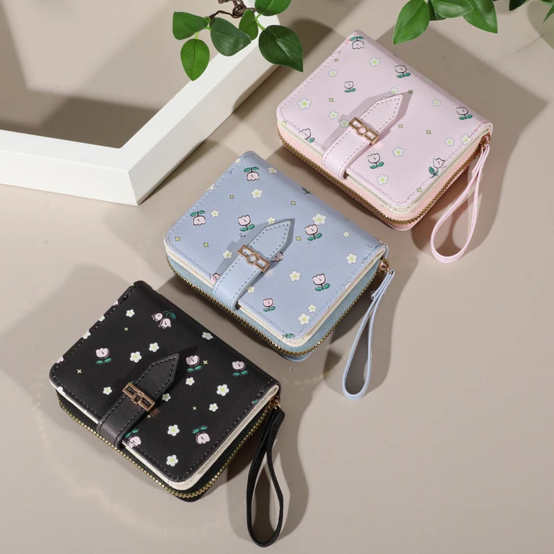 Flower patterned credit card holder for women or men's small card case with zipper hand-held wallet