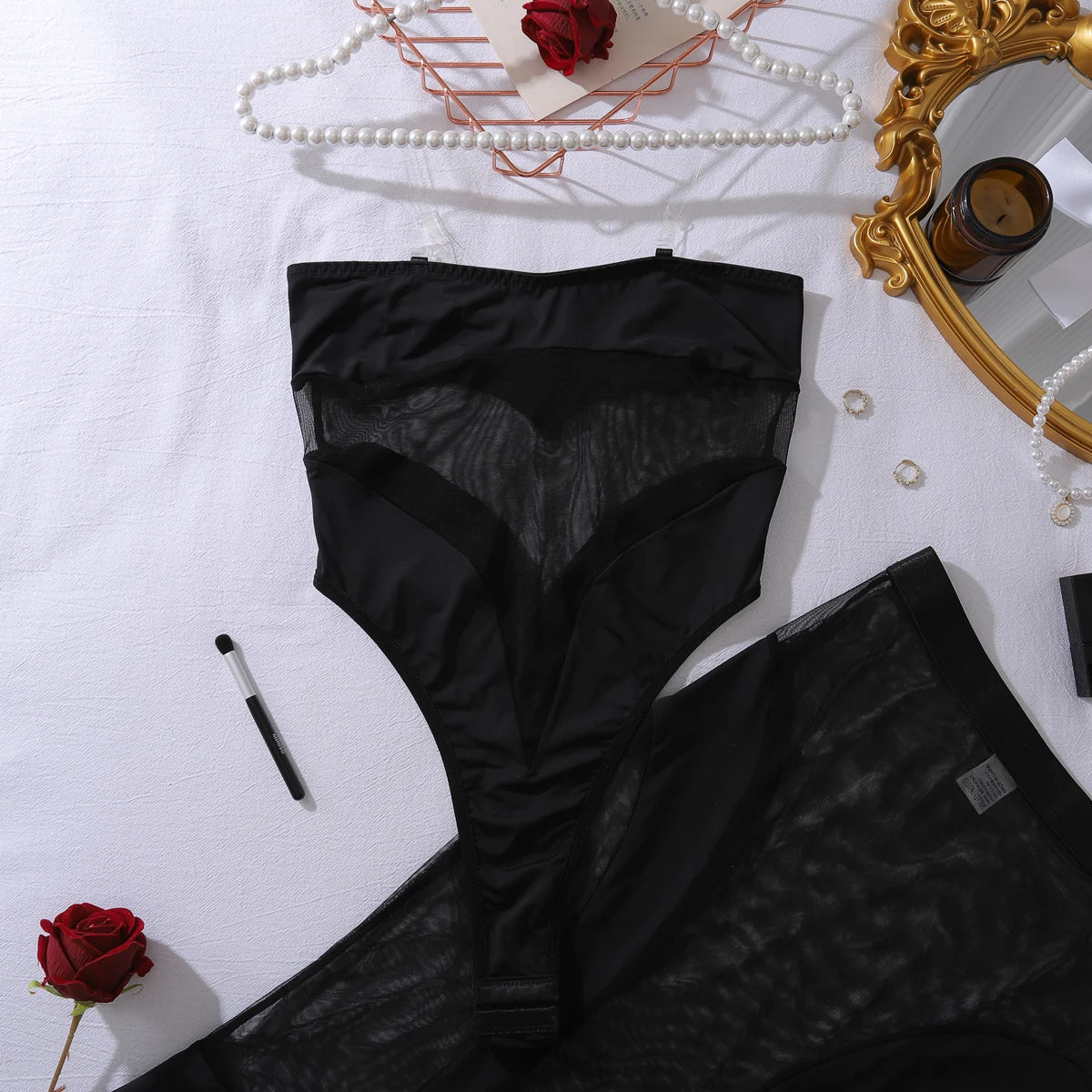 European and American 2025 new perspective slim fit patchwork mesh sexy half skirt jumpsuit two-piece set