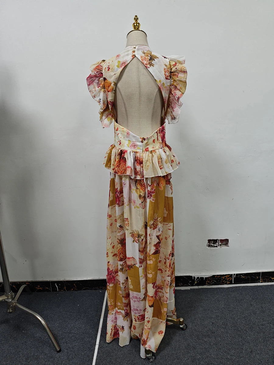 VGH Runway Style Maxi Dresses for Women V Neck Sleeveless High Waist Patchwork Ruffles Edge French Sexy Printed Dress Female New