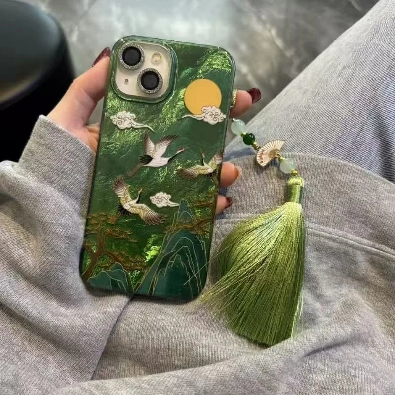 Vortex pattern high mountain auspicious cloud crane phone case with ancient fan tassel for iPhone 11 12 13 14 15 16 17 pro max