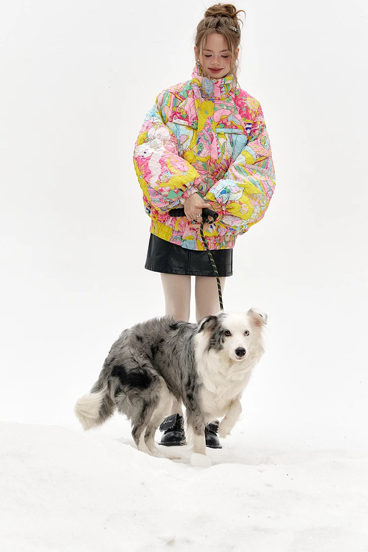 ELFSACK 2024 Winter New Arrivals Stand collar loose full printed short down jacket for women