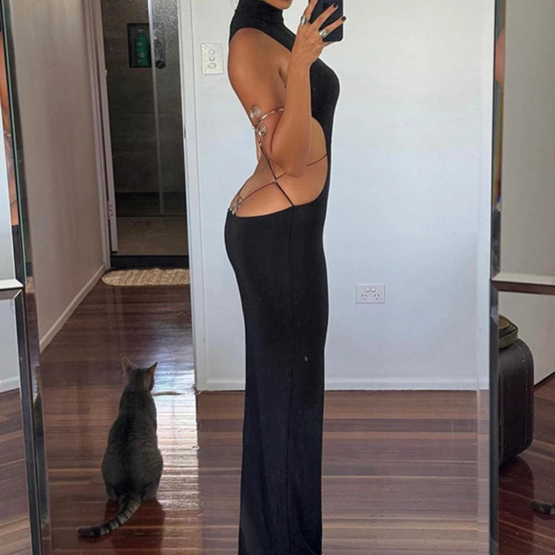 Sexy Backless Black Maxi Dresses For Women Summer Sleeveless Elegant Bodycon Halter Long Dress Casual Party Vestidos