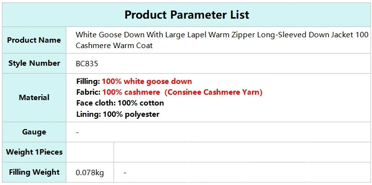 BC835 White goose down with large lapel warm zipper long-sleeved down jacket 100 cashmere warm coat