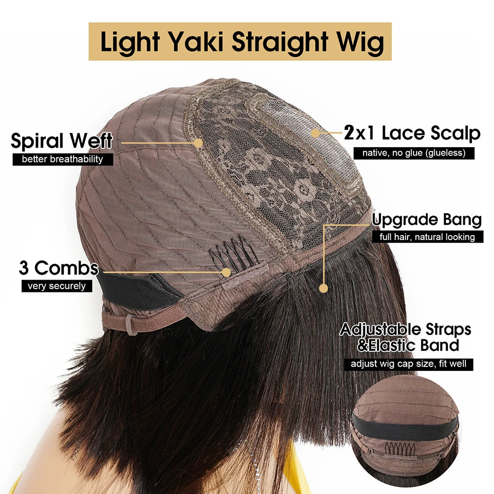 Ready to Go Yaki Straight Short Bob Wig With Bangs 2x1 Lace Glueless Virgin Remy Human Hair Undetectable Lace Blunt Cut Bob Wig