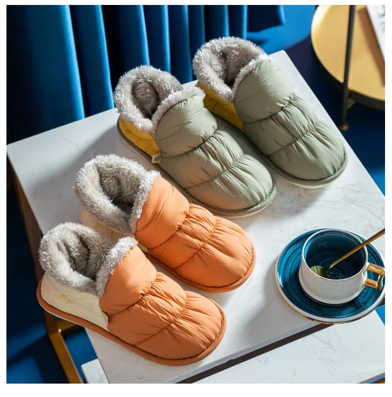 WDZKN Fashion Women Home Cotton Shoes Winter Warm Plush Slip On Slippers Waterproof Down Soft Bottom Indoor Couple Outside Shoes
