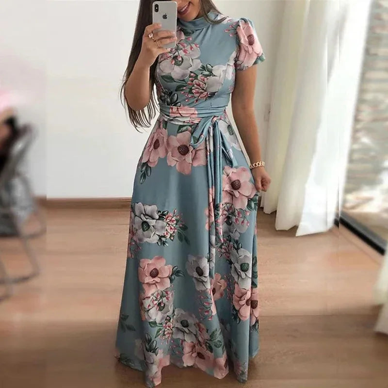 Women Summer Maxi Dress 2025 Casual Long Sleeve Boho Floral Print LOOSE Dress Turtleneck Bandage Elegant Party Dresses Vestidos