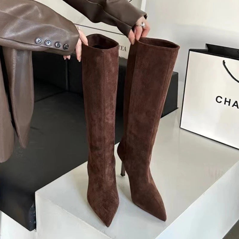 SUOJIALUN Brand Women Long Boots Fashion Pointed Toe Slip On Ladies Elegant Knee-high Boots Thin High heel Outdoor Dress Pumps