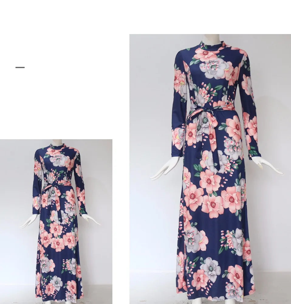 Women Summer Maxi Dress 2025 Casual Long Sleeve Boho Floral Print LOOSE Dress Turtleneck Bandage Elegant Party Dresses Vestidos