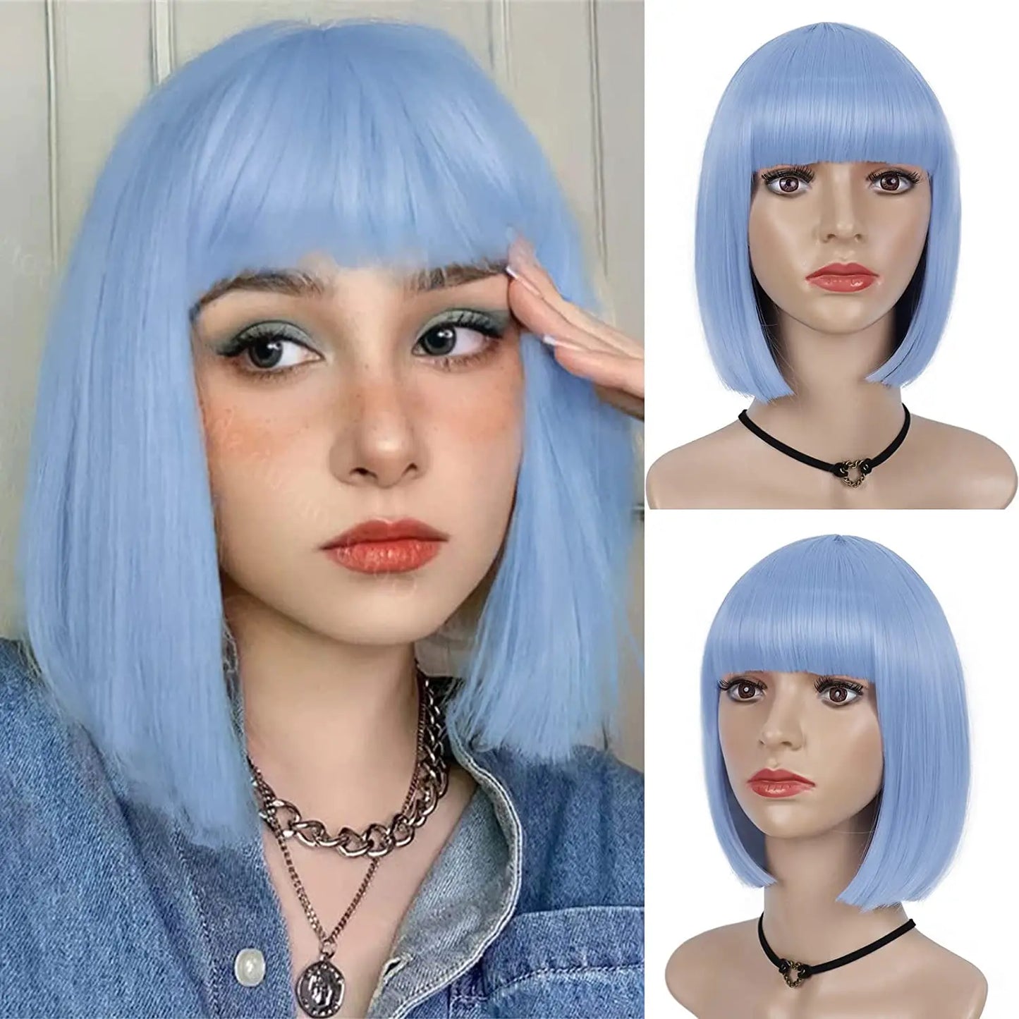Synthetic 12 Inch Short Bob Black Wig With Bangs for Women Natural Looking Soft Hair Replacement Wigs Velma Kelly Halloween