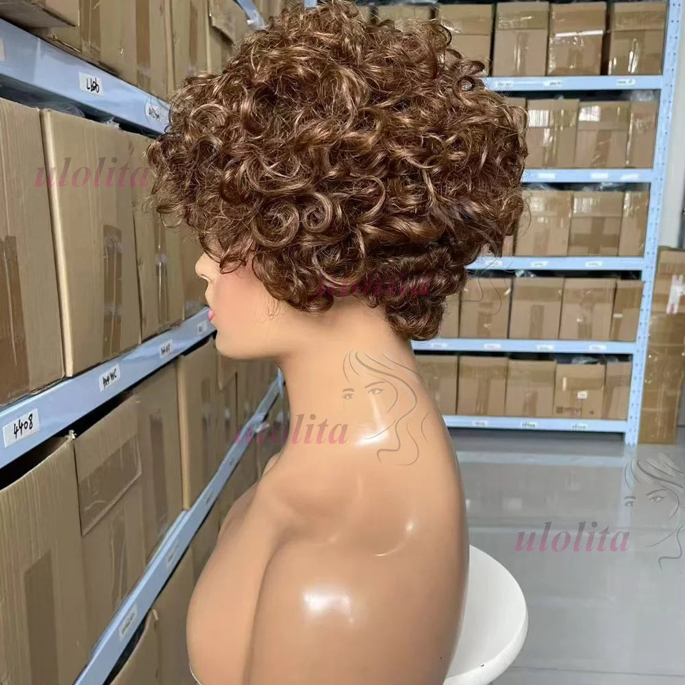 Chocolate brownMachine Made Wig Indian Human Hair Pixie Cut Wig Short Kinky Curly Loose Curly Non Lace Wigs with Bangs for Women