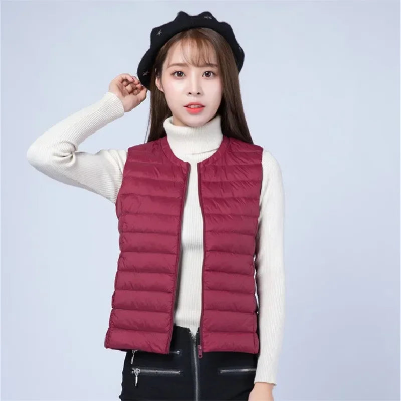 Autumn Winter Women Ultra Light Thin Duck Down Vest Sleeveless O-Neck Zipper Waistcoat Windproof Puffer Female Quilted Jackets