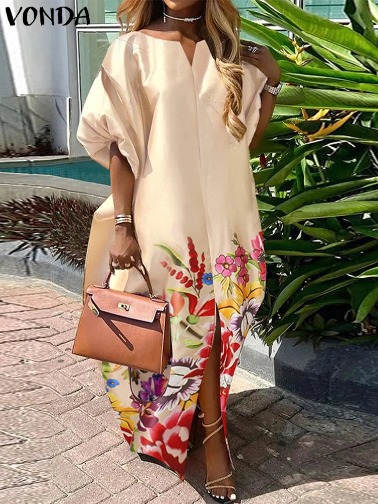 Bohemian Maxi Long Dress 2025 Women Satin Silk Sundress Elegant Summer Half Sleeve V Neck Vestidos Oversized Casual Loose Robe
