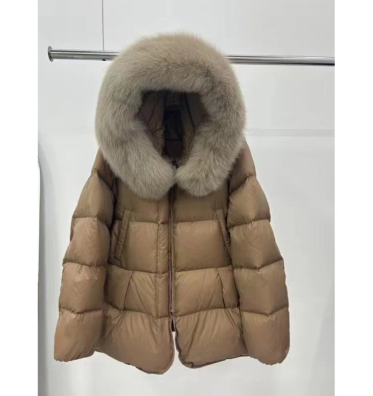 Schinteon Women 100% Real Fox Fur Collar White Duck Down Jacket with Hood Autumn Winter Warm Casual A-lined Warm Outwear Cape