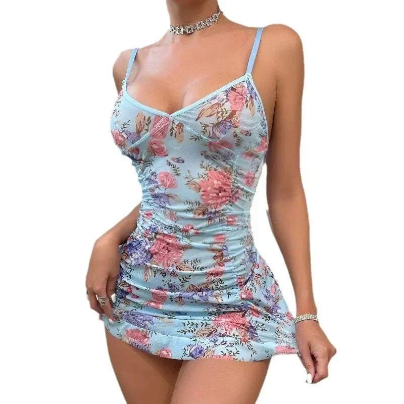Sexy Nighties Lingerie 2 Pieces Set Women'S Pajama Nude Shoulder Halter See-through Print Nightdress Underwear Woman Clothes