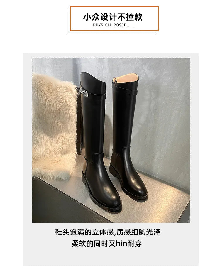 Genuine Leather Thick-Soled Autumn Winter New Style Chunky Heel Rhinestone Buckle High Tube Riding Over-The-Knee Long Boots