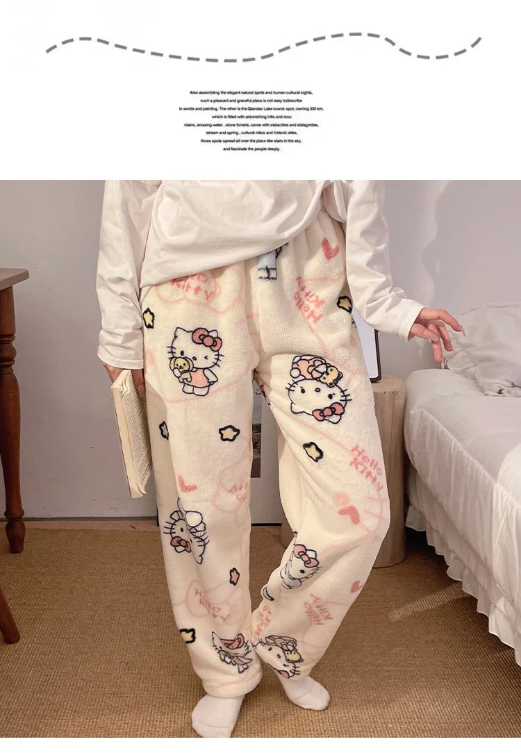 HelloKitty Warm Coral Velvet Sleepers Women's Flannel and Velvet Thick Pants Sleepwear Plush Large Home Pants