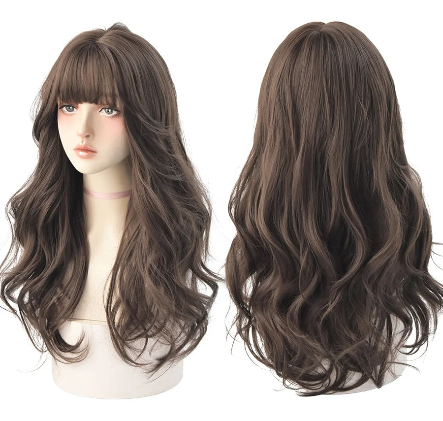 7JHH WIGS Popular Brown Ash Long Deep Wave Hair Lolita Wigs With Bangs Synthetic Wig For Women Fashion Thick Curls Wigs Girl