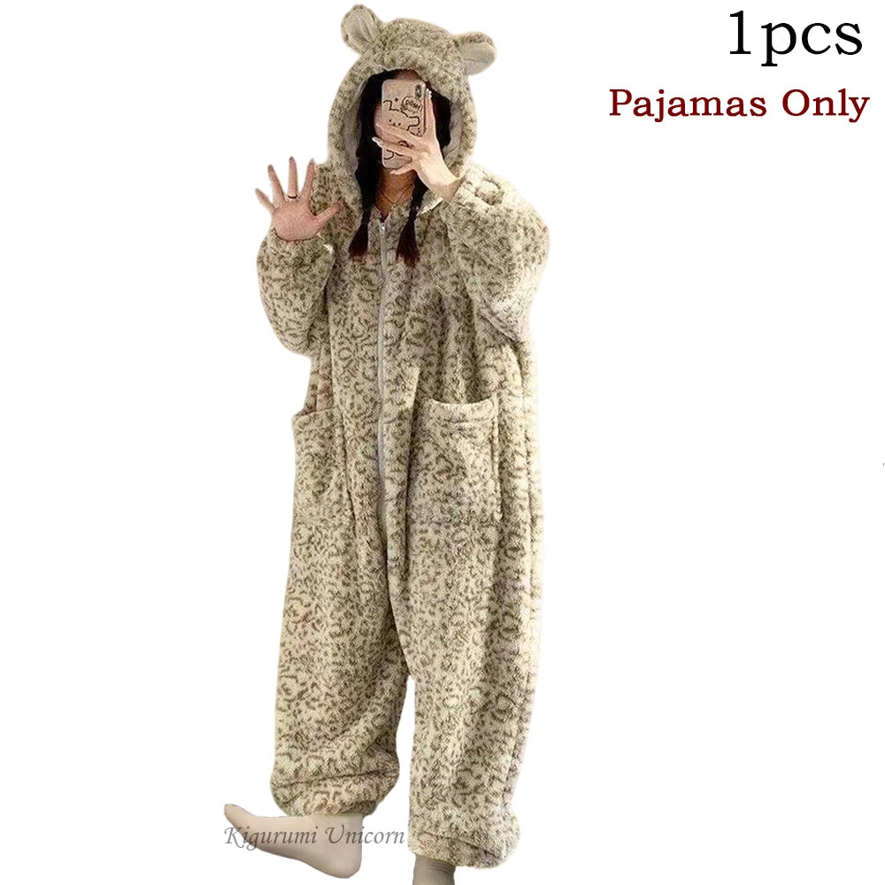 Leopard Hooded Pajamas Animal Kigurumi Unicorn Adult Onesies for Women Winter Sleepwear Flannel Pochets Overall Sets Slippers