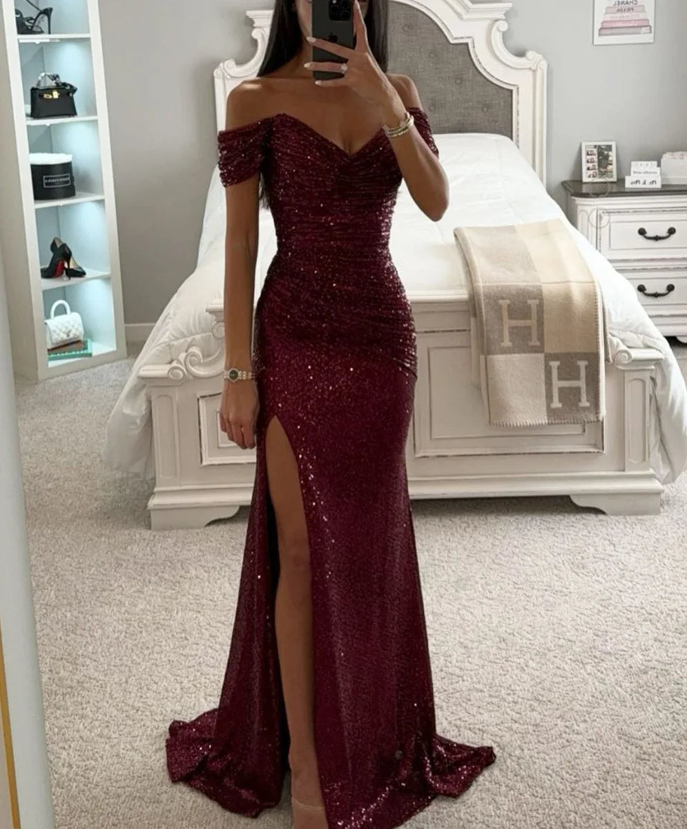 Women's Sexy Party Maxi Dress New Sequined One-line Collar Slit Dress Casual Fashion Prom Eveging Dresses For Women Robe Femme