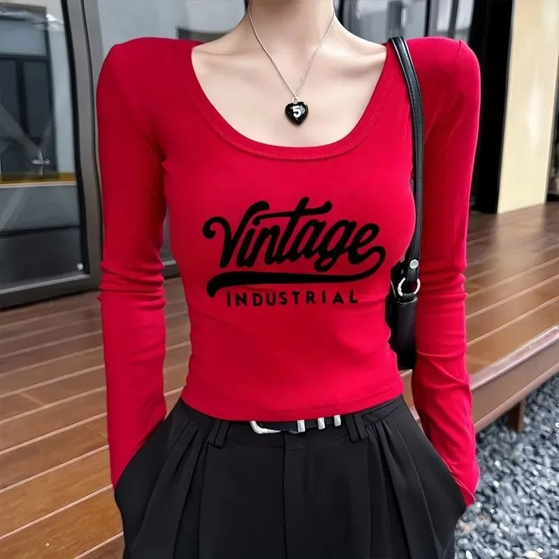 Women Clothes Spring Autumn Fashion Slim Printing Solid Color O-neck Female All-match Fashionable Letter Cotton Long Sleeve Tops