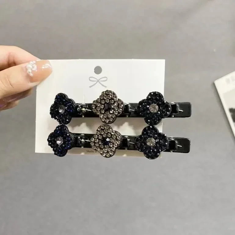 1PC Fashion Four-leaf Clover Braided Hair Finishing Side Clip Sparkling Crystal Stone Braided Hair Clips Forehead Bangs Clip