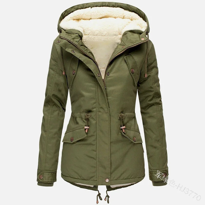 Women's Winter Jacket Warm Solid Plush Thickened Long Winter Coat Outdoor Hiking Hooded Casual Windproof Parka Coat Overcoat