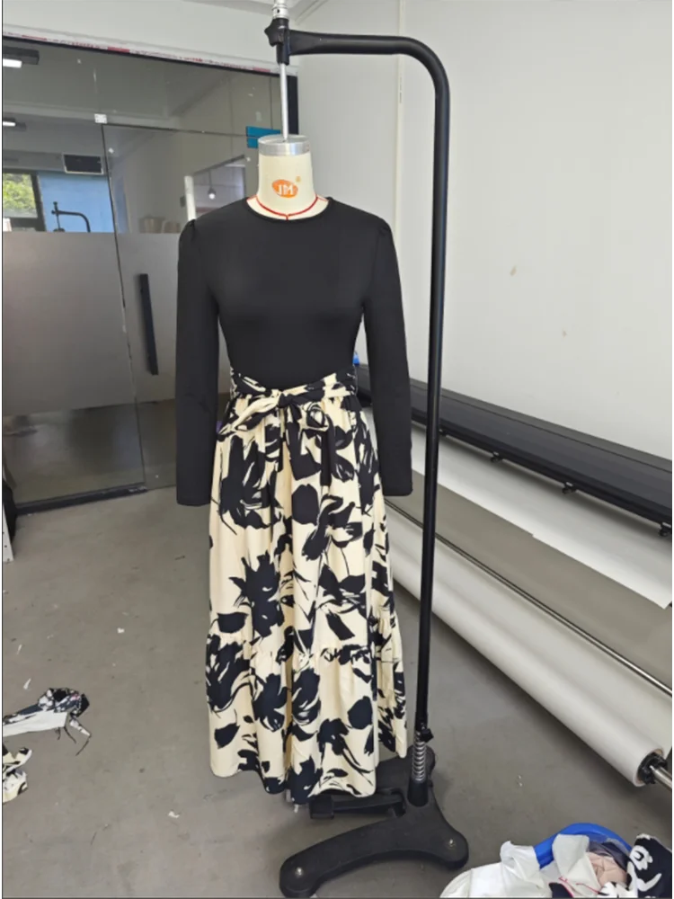 Round Neck Color Blocked Dress Women's Long Sleeved Floral Print A Line Dresses Autumn Elegant Party Dress Robe