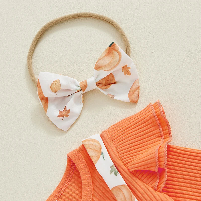 Newborn Baby Girl Halloween Clothes Outfit Pumpkin Ghost Print Long Sleeve Crew Neck Patchwork Romper Dress with Headband