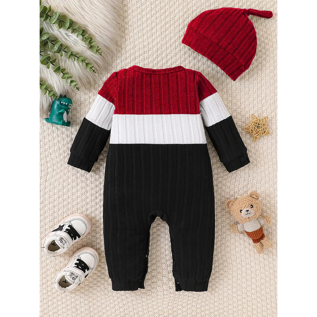 3 Colours Autumn Bodysuits Newborn Baby Boy Long Sleeve Colour Block Romper+Hat Simple Onesie Jumpsuit for Toddlers 1-18Months