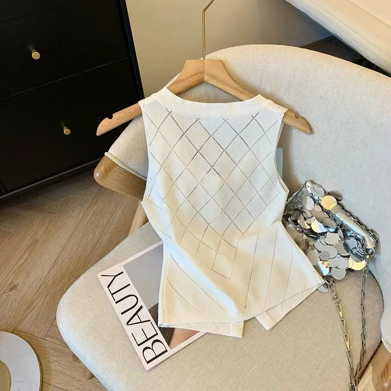 Women Clothes Stylish Vintage Elegant Luxury Chic Hollow Button Knitted Vest Summer V Neck Sleeveless Black White Slim Tank Tops