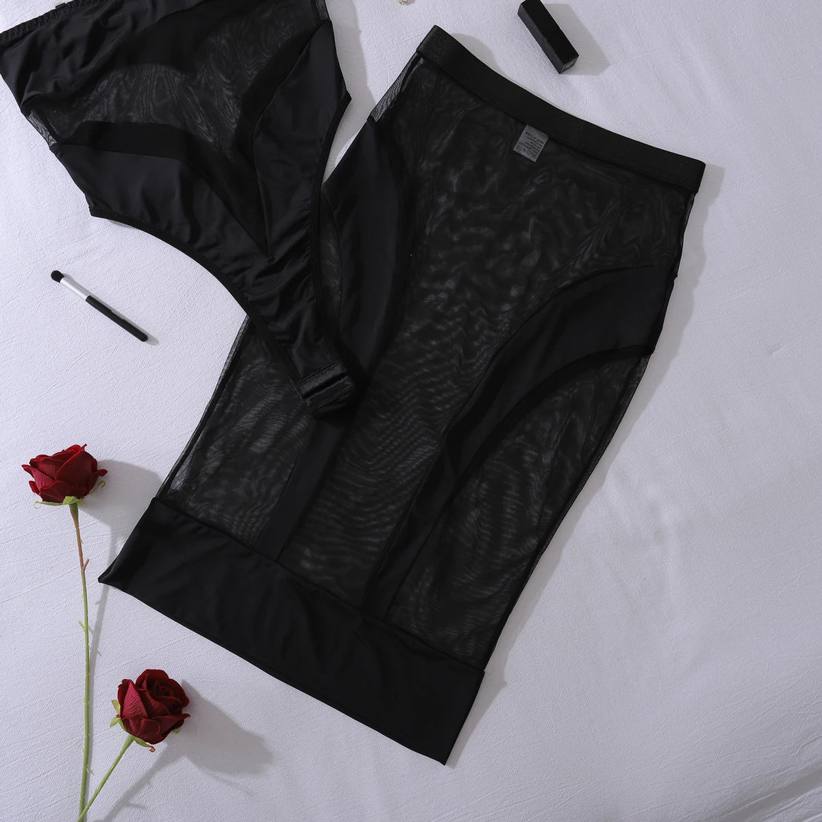 European and American 2025 new perspective slim fit patchwork mesh sexy half skirt jumpsuit two-piece set