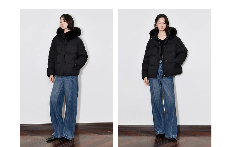 TOYOUTH Women Down Jacket 2024 Winter New 90% White Duck Down Fur Collar Hooded Warm Jacket Coat