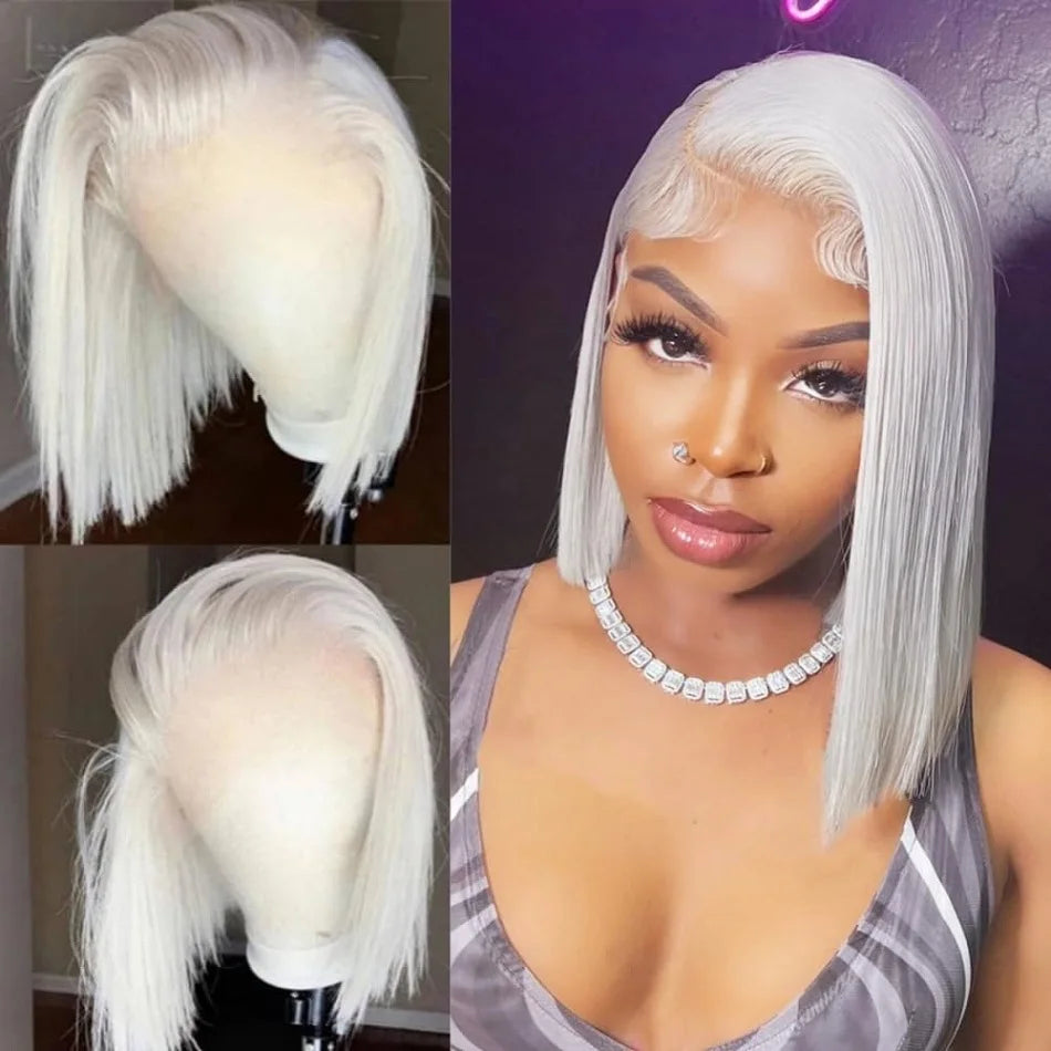 Platinum Blonde Short Bob Human Hair Lace Front Wigs for Women White Colored 60 Brazilian Straight Lace Closure Wigs Pre Plucked