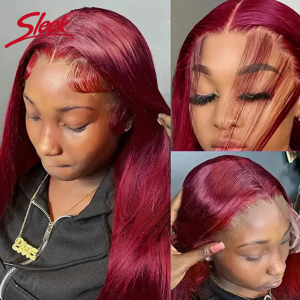 Sleek Red 99J Colored T1B/99J Wig 13*4*1 T Part Lace Front Part Brazilian Straight 22 Inches Human Hair Wigs Natural Remy Hair
