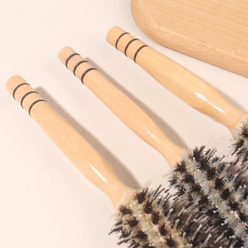 Natural Boar Bristle Roller Brush Barber Hair Roller Wood Hair Brush Round Barrel Hair Comb For Women Curly Hair Hairdressing
