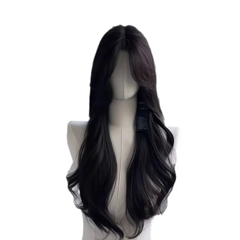 women's long hair black simulated hair new fashionable and versatile eight character bangs lazy curly hair wig