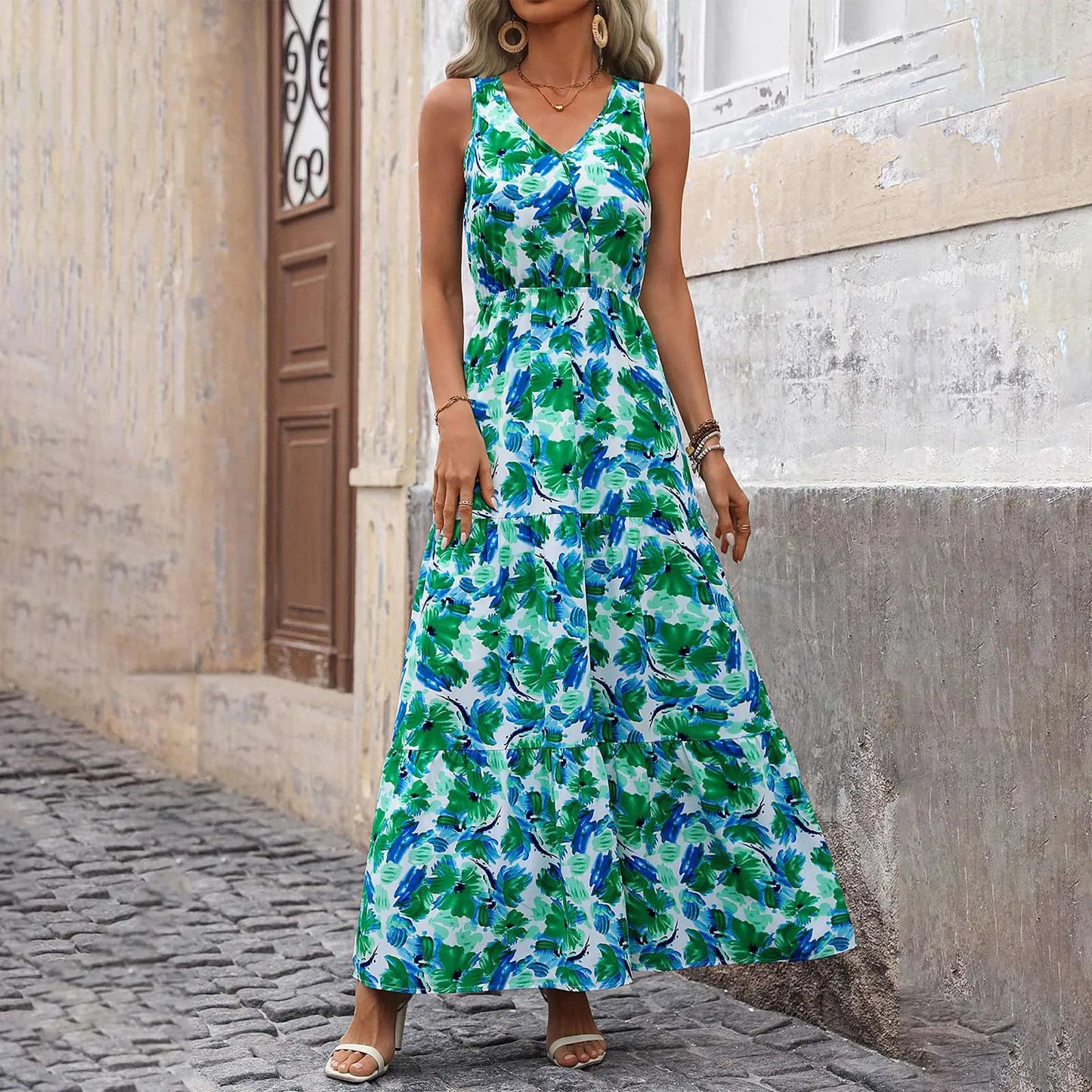Maxi Dresses For Women Summer Tiered Ruffle Print Boho Beach Ladies Vestidos Evening Party Elegant Dress Vintage Long Dress