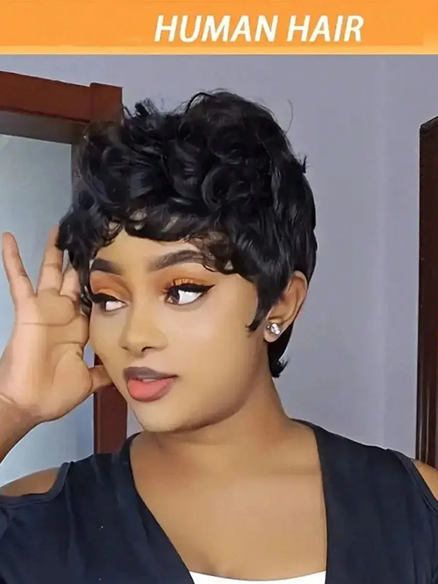 Pixie Cut Wigs 100% Human Hair Wigs Short Curly Pixie Cut Wigs Full Machine Made Wig Pixie Curly Black 1B Color For Black Women