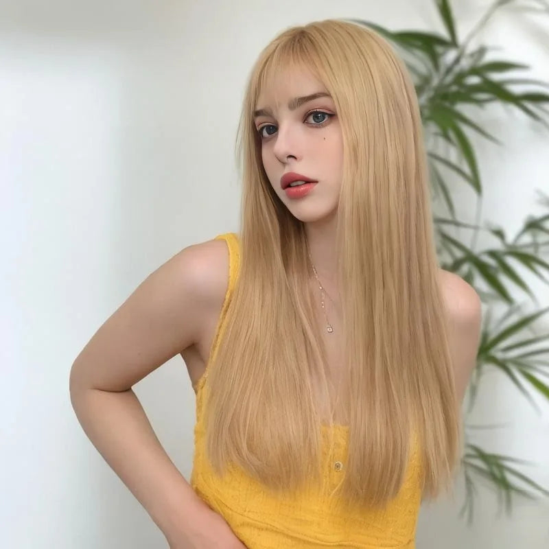 Fashion synthetic wig for women Air bangs long straight hair beige white high temperature silk synthetic fiber full head cover