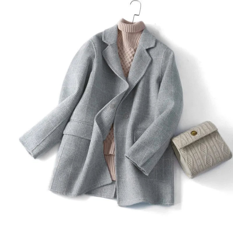 Handmade Sewn Double-sided Woolen Blazer Women Spring Autumn Plaid Wool Overcoat Office Lady Casual Suit Coat Thick Jacket